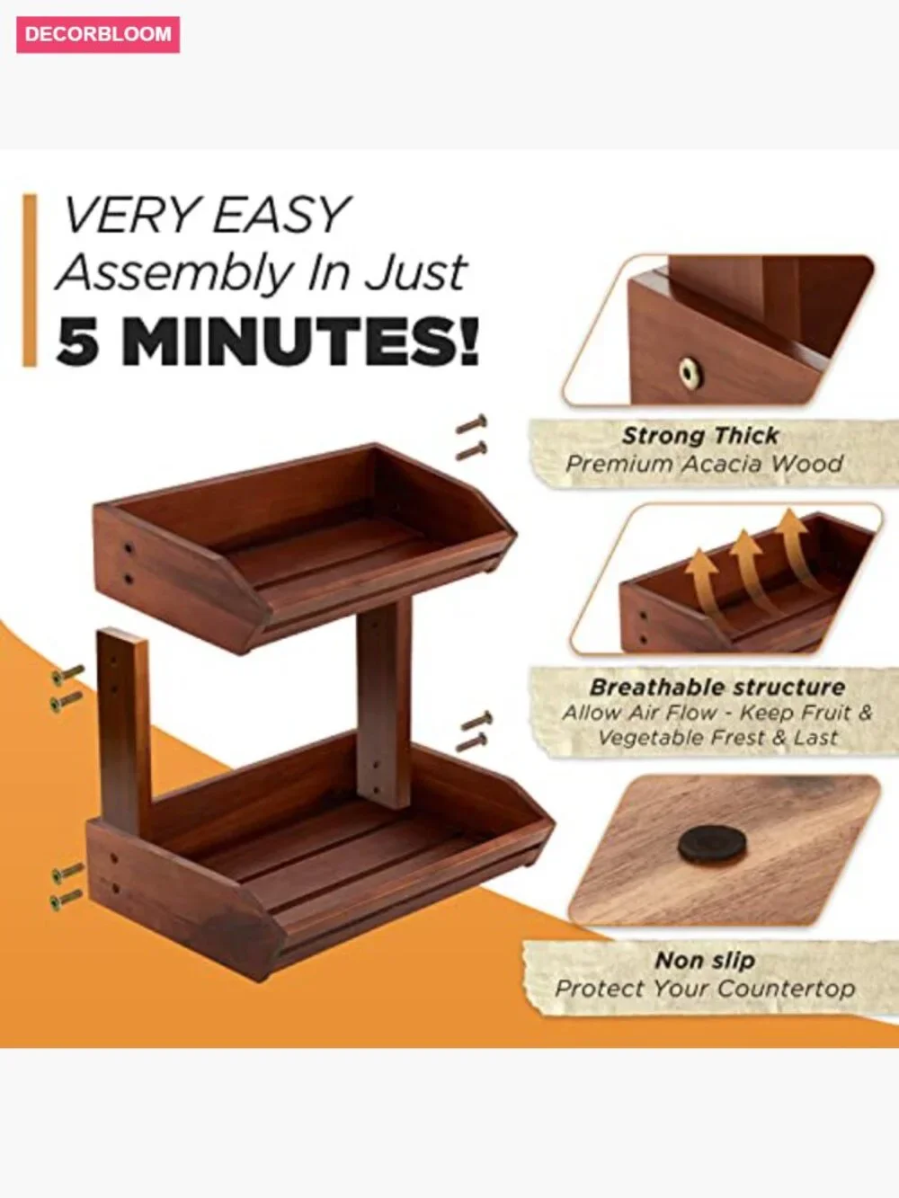 2-Tier Acacia Wood Fruit Basket for Kitchen Counter Storage